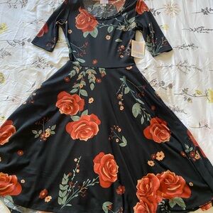 NEW LuLaRoe Black Midi Dress with Red Rose Print XS